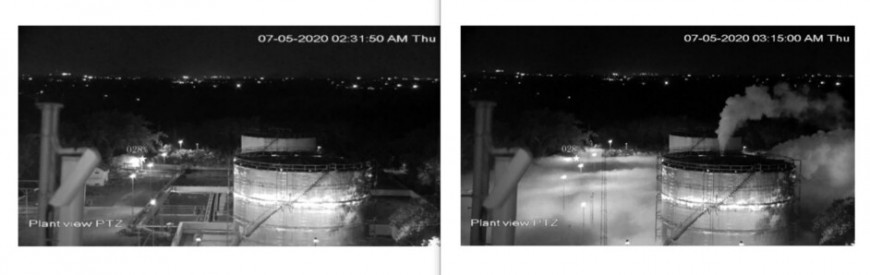 지난 5월7일 새벽 2시31분50초에 촬영된 인도 엘지(LG)폴리머스 공장의 화학물질 탱크 시시티브이 영상(왼쪽)에서는 특이한 점이 발견되지 않았으나, 같은 날 새벽 3시15분 촬영된 영상에서는 한국 영화 &amp;lt;엑시트&amp;gt;에서처럼 연기(스티렌 가스)가 새어 나와 자욱하게 깔리고 있다. 인도 조사위원회 보고서 갈무리